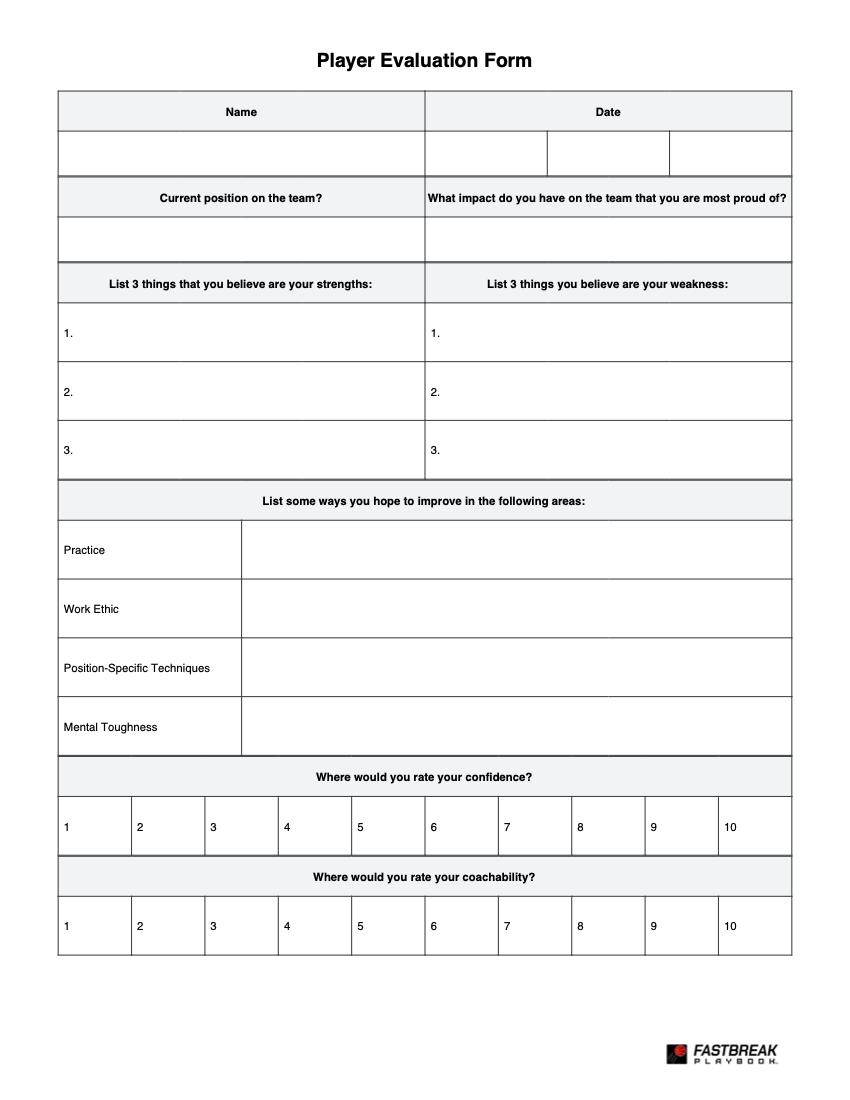 This player evaluation form is used to provide feedback to players, track progress over time, and make informed decisions.