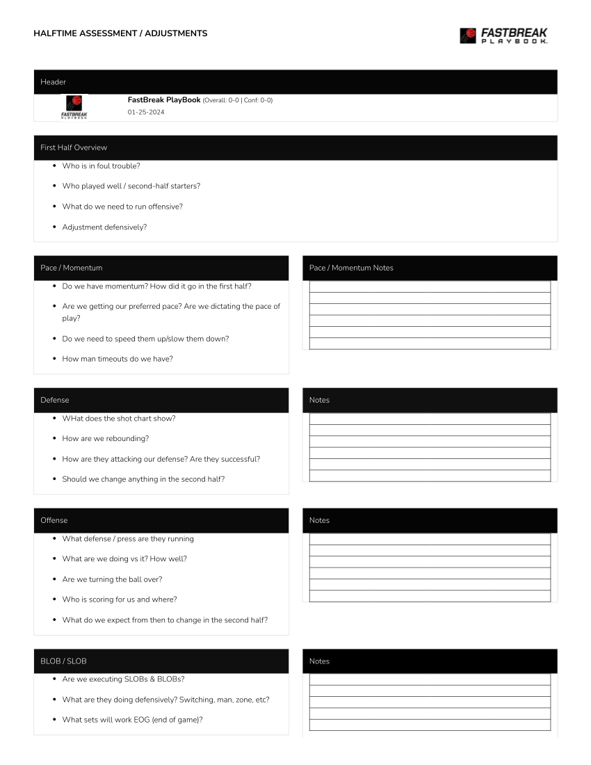 Halftime Adjustment / Assessment Report Sheet