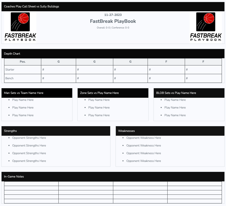 Coaches "Play Call" Report Sheet free